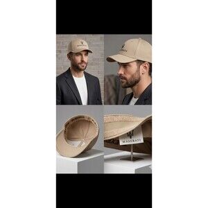 Maserati Logo Flexfit Baseball Hat Tan Beige Embroidered Trident CapFitted